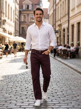 HUGO BOSS Mens Burgundy Plum Straight Leg Denim Pants Jeans W32 L30 Cotton Casua